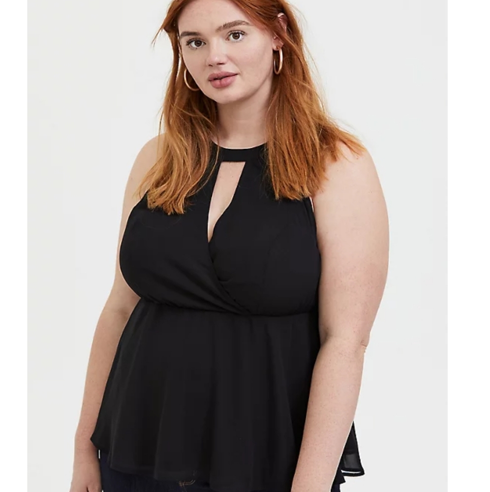 Black chiffon high neck peplum top